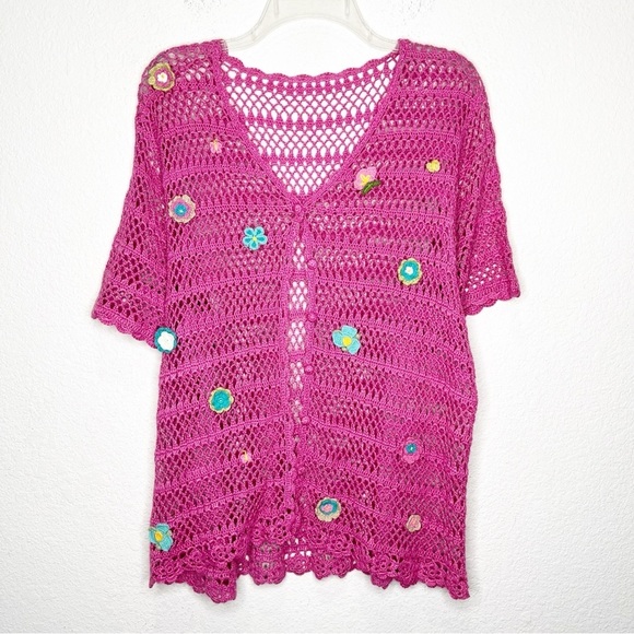 Crochet Scalloped Button Up Sweater Floral Cardigan Artsy Twee Feminine Quirky - Picture 1 of 7